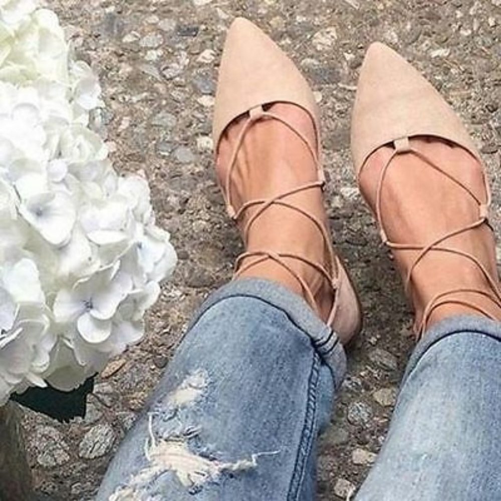 Zara Nude Lace-Up Ballerina Flats - Size 38 NWOT